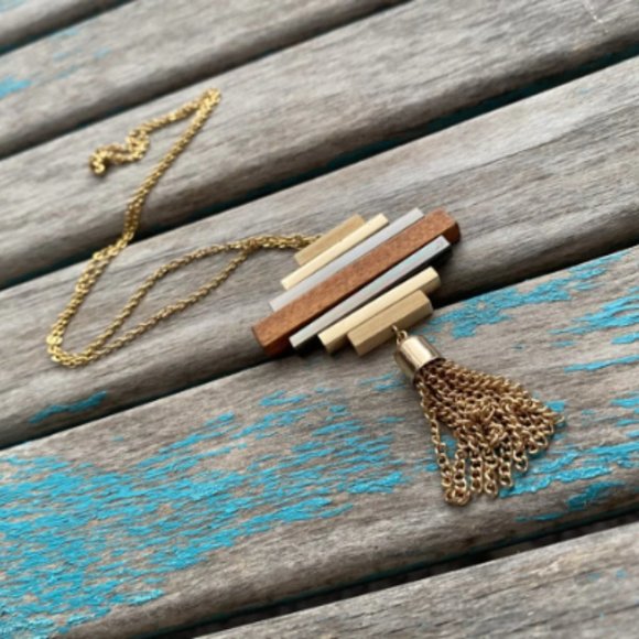 Stacked Wood, Black, and Gold Necklace- NEW Handmade Necklace - Picture 2 of 4